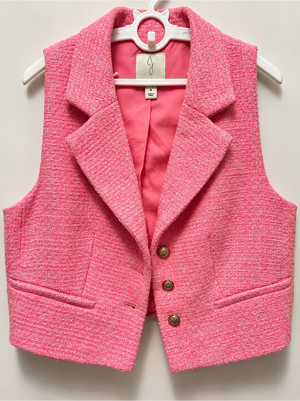 Joie Pink Tweed Sleeveless Vest with Gold Buttons